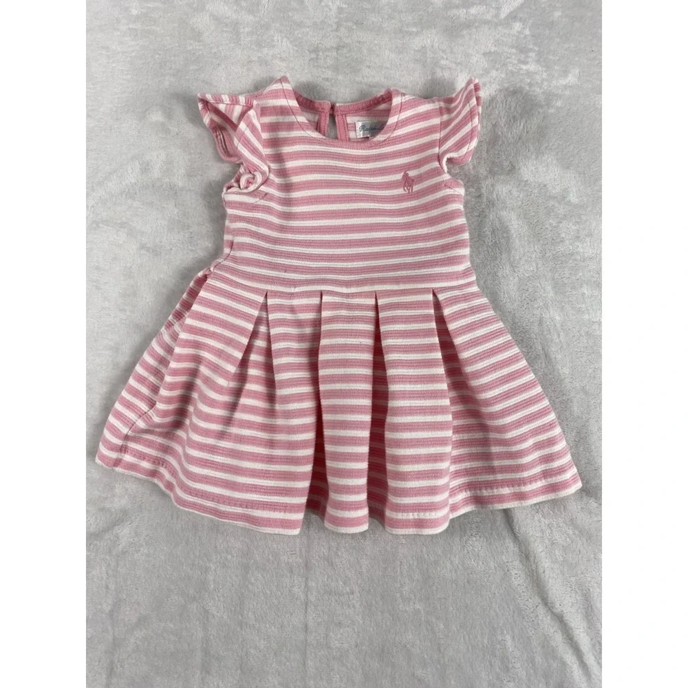 Ralph Lauren Dress Baby Sz 5M Pink Striped Flare Short Sleeve Summer Spring